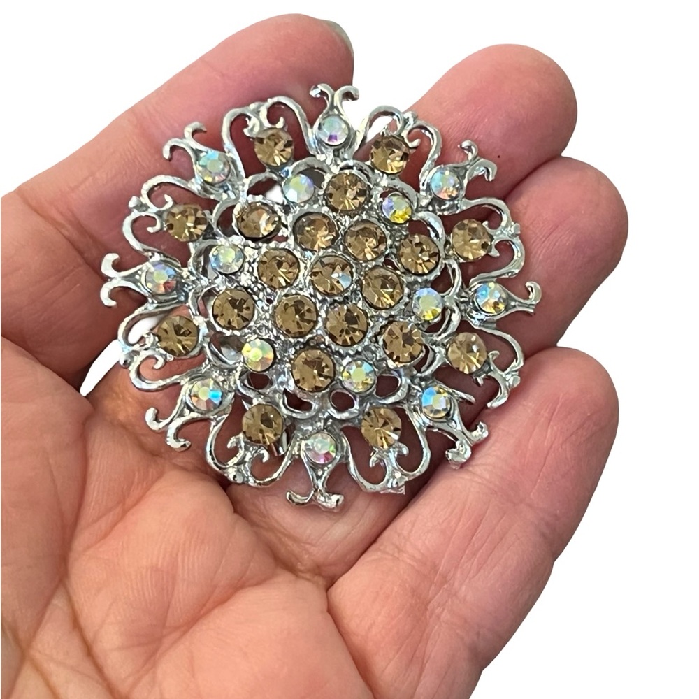 Crystal Sunburst Brooch - Champagne and Aurora Borealis